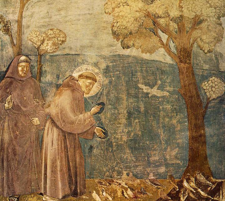 Giotto di Bondone: Franziskus predigt den Vögeln, Fresko, 1297 - 99, in der Oberkirche der Basilika San Francesco in Assisi